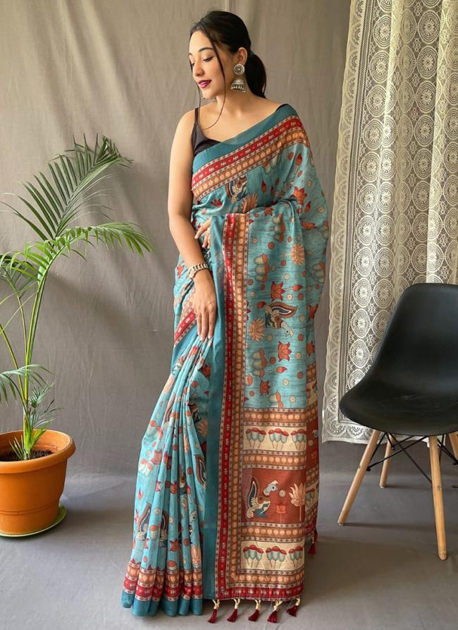 Sky Blue Malai Cotton Party Wear Digital Printed Saree