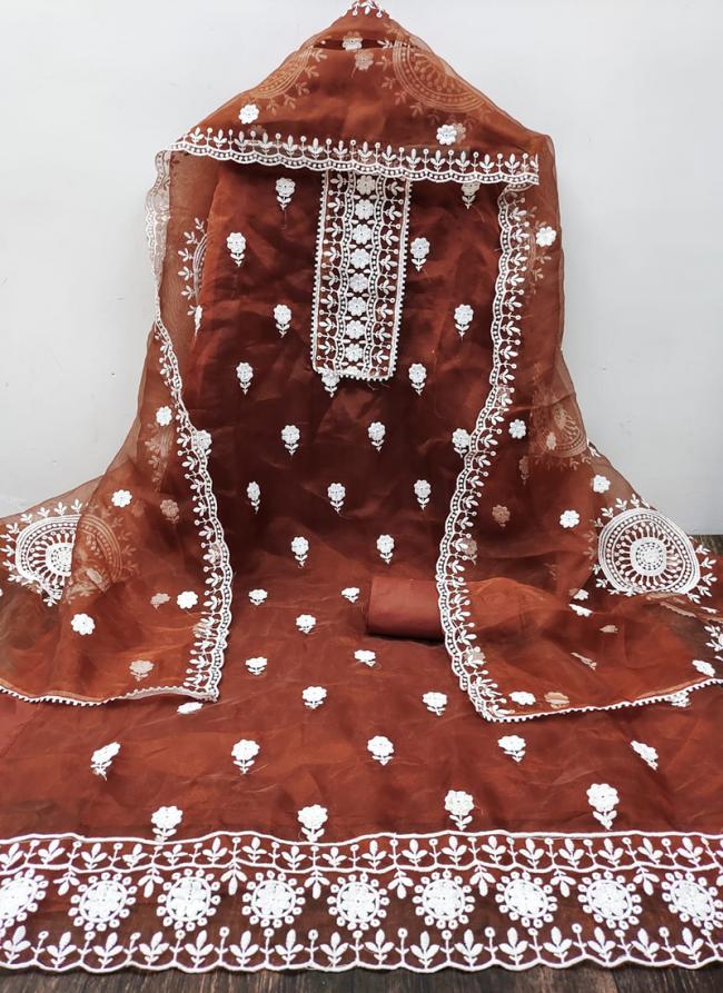 Brown Organza Party Wear Digital Printed Designer Dress Material
