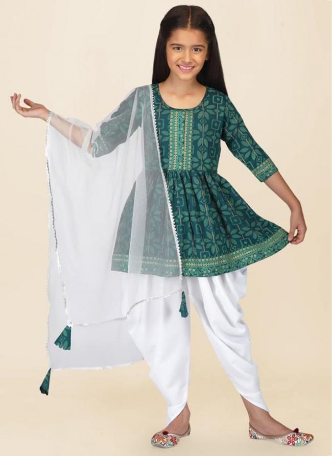 Green Soft Cotton Traditional Wear Digital Printed Kids Wear Readymade Sharara And Dhoti 