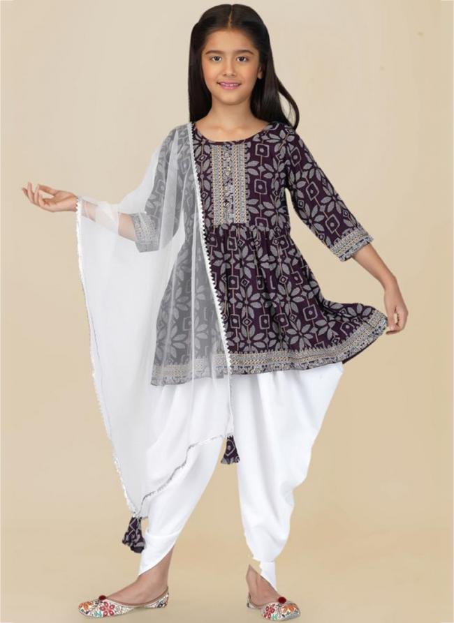 Grey Wine Soft Cotton Traditional Wear Digital Printed Kids Wear Readymade Sharara And Dhoti 