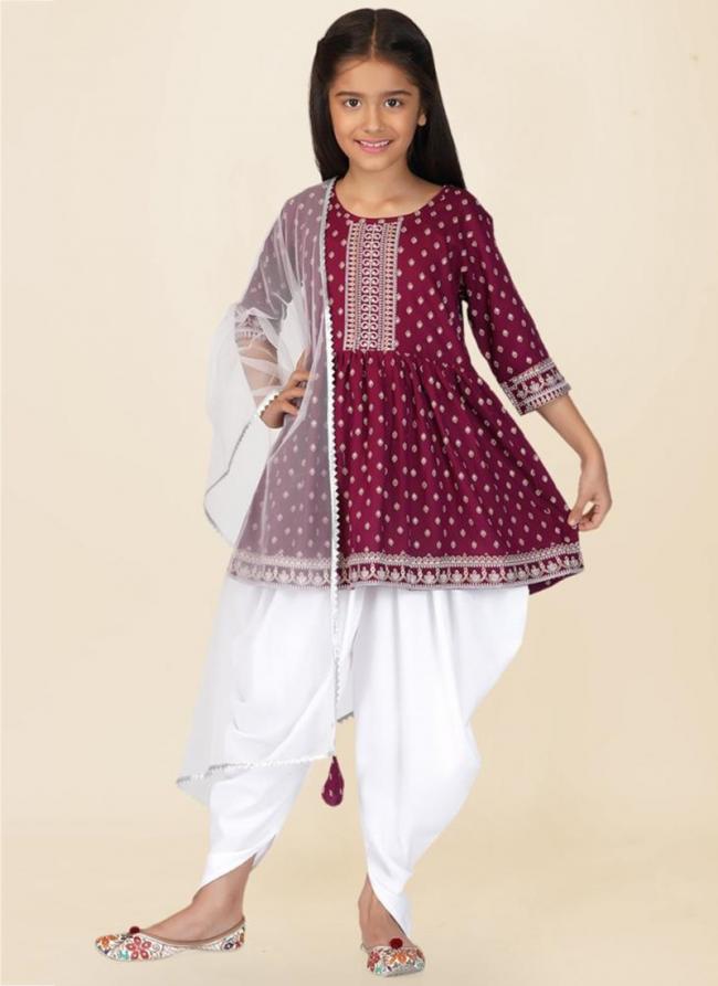 Maroon Soft Cotton Traditional Wear Digital Printed Kids Wear Readymade Sharara And Dhoti 