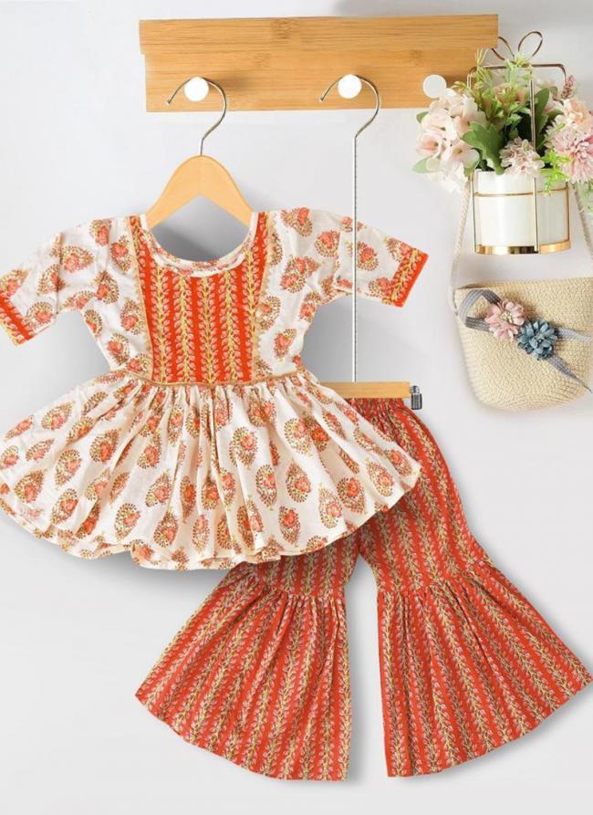 Orange Soft Cotton Traditional Wear Digital Printed Kids Wear Readymade Sharara And Dhoti 