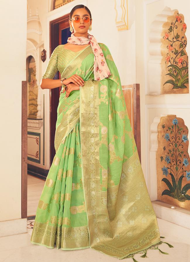 Green Soft Linen Festival Wear Digital Printed Saree