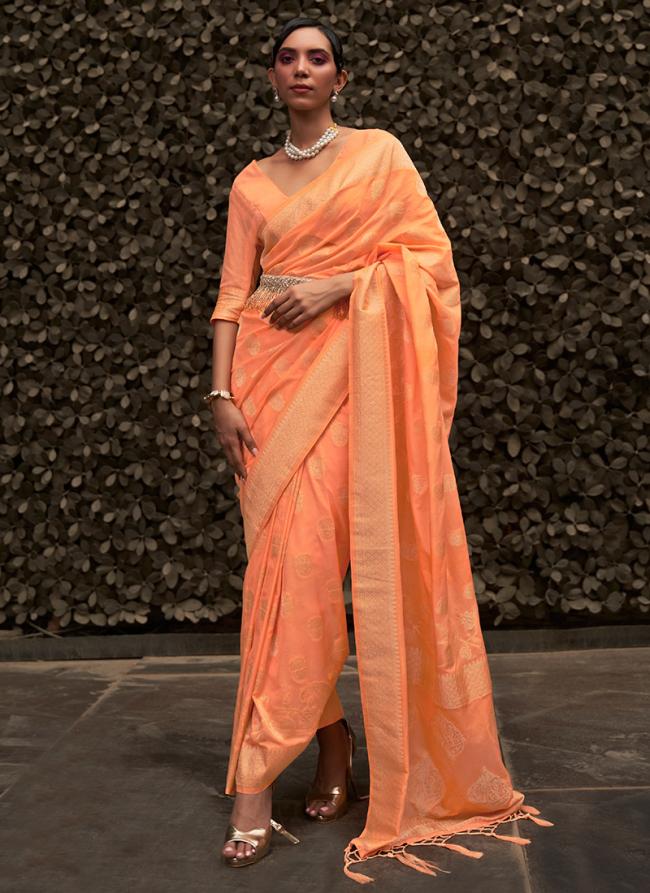 Orange Nylon Chinnon Party Wear Weaving Saree