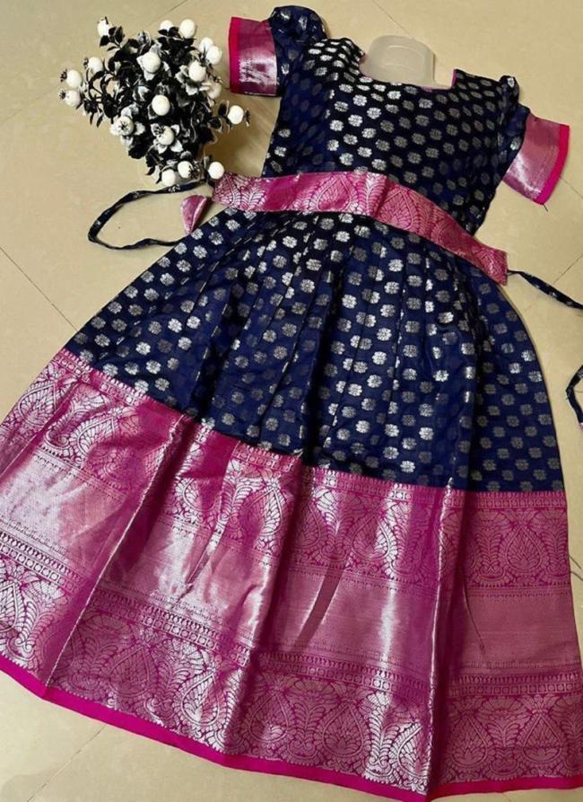 Navy Blue Soft Banarasi Traditional Wear Kanchi Border Work Kids Wear Readymade Gown With Belt