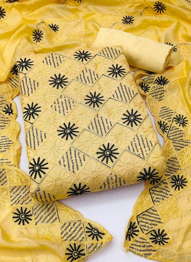 Yellow Cotton Traditional Wear Sequence Work Dress Material