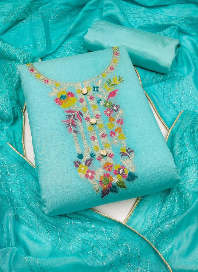 Sky Blue Jecard Banarasi Casual Wear Crochet Work Dress Material