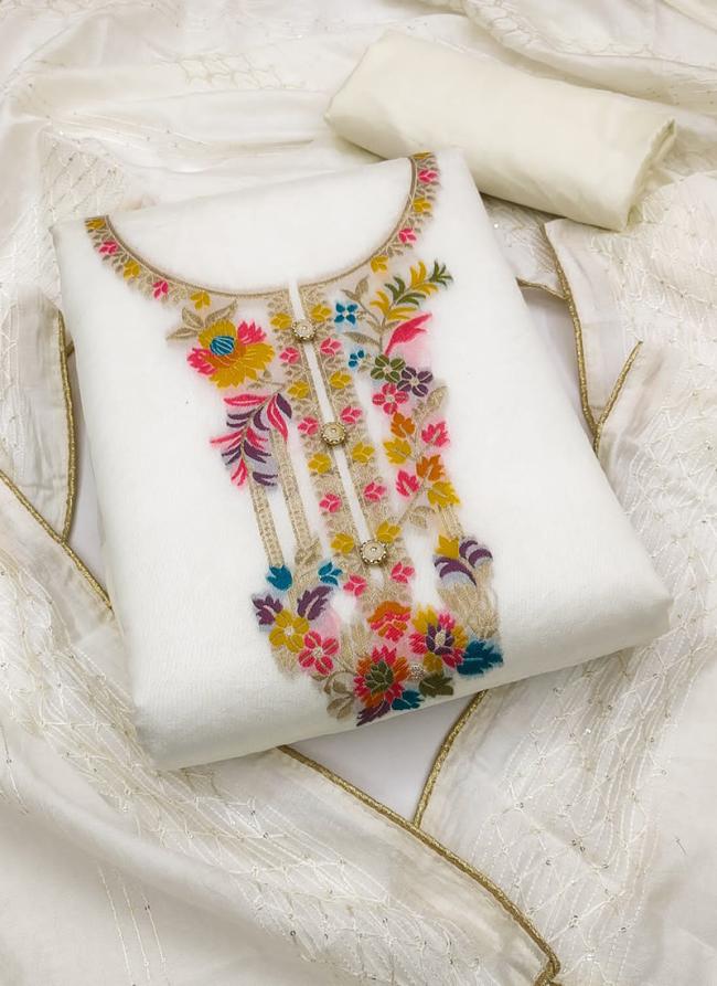 White Jecard Banarasi Casual Wear Crochet Work Dress Material