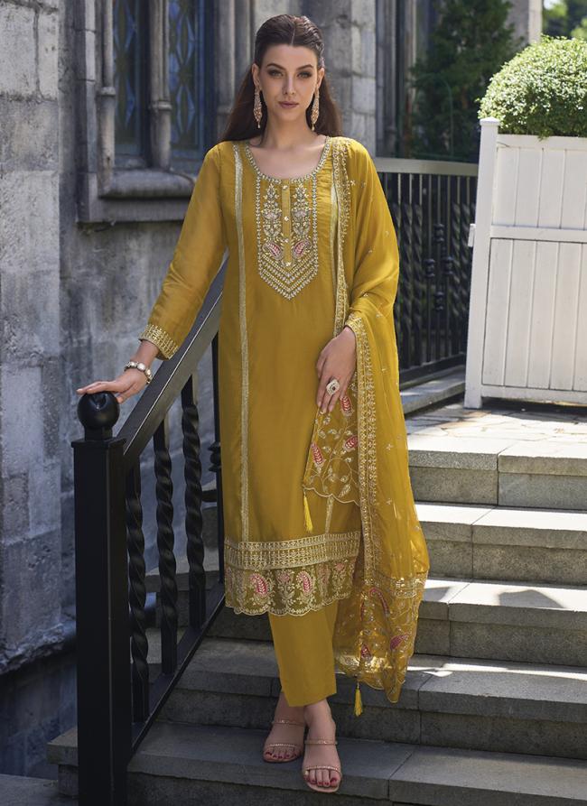 Yellow Soft Organza Party Wear Embroidery Work Readymade Designer Salwaar Suit