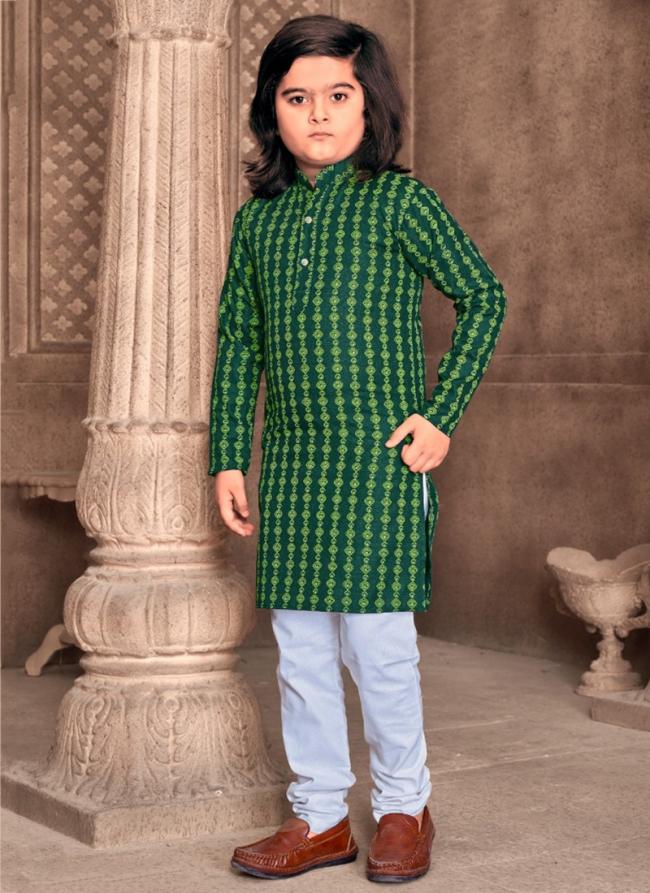 Green Cotton Wedding Wear Foil Print Readymade Kids Wear Kurta Pyjama