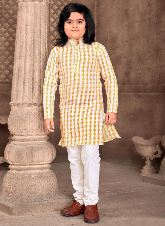 Light Yellow Cotton Wedding Wear Foil Print Readymade Kids Wear Kurta Pyjama