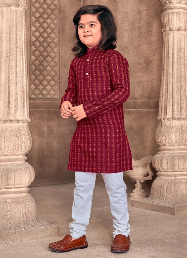 Red Cotton Wedding Wear Foil Print Readymade Kids Wear Kurta Pyjama