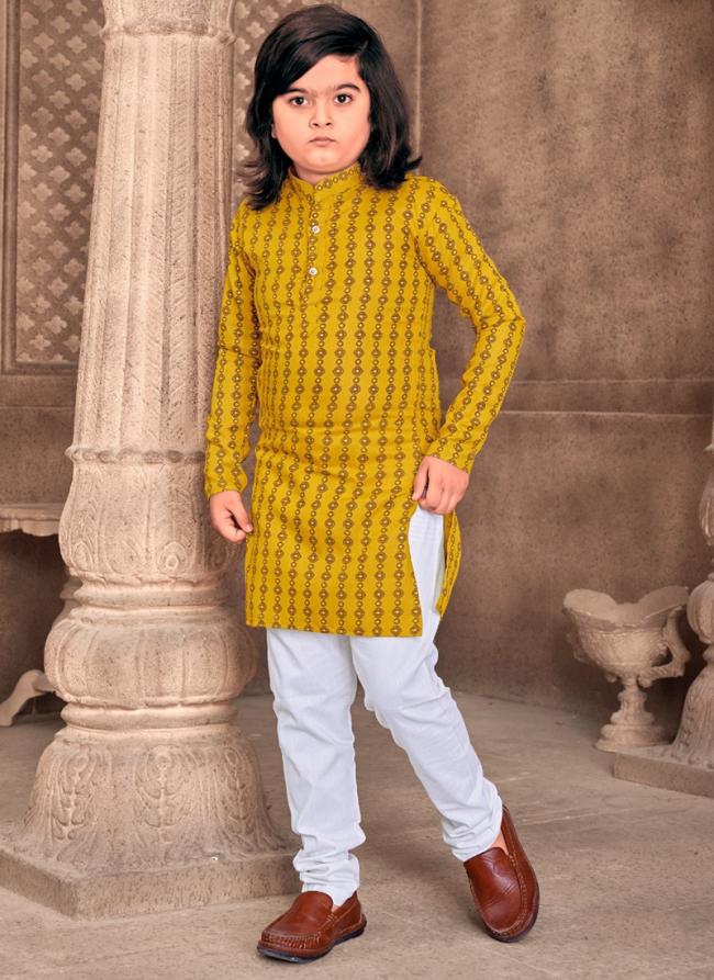 Yellow Cotton Wedding Wear Foil Print Readymade Kids Wear Kurta Pyjama