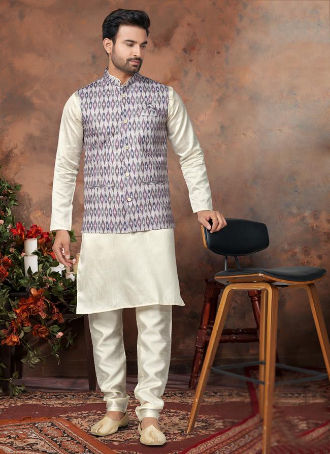 Grey Mastani Silk Wedding Wear Sequence Work Readymade Modi Jacket Kurta Pyjama