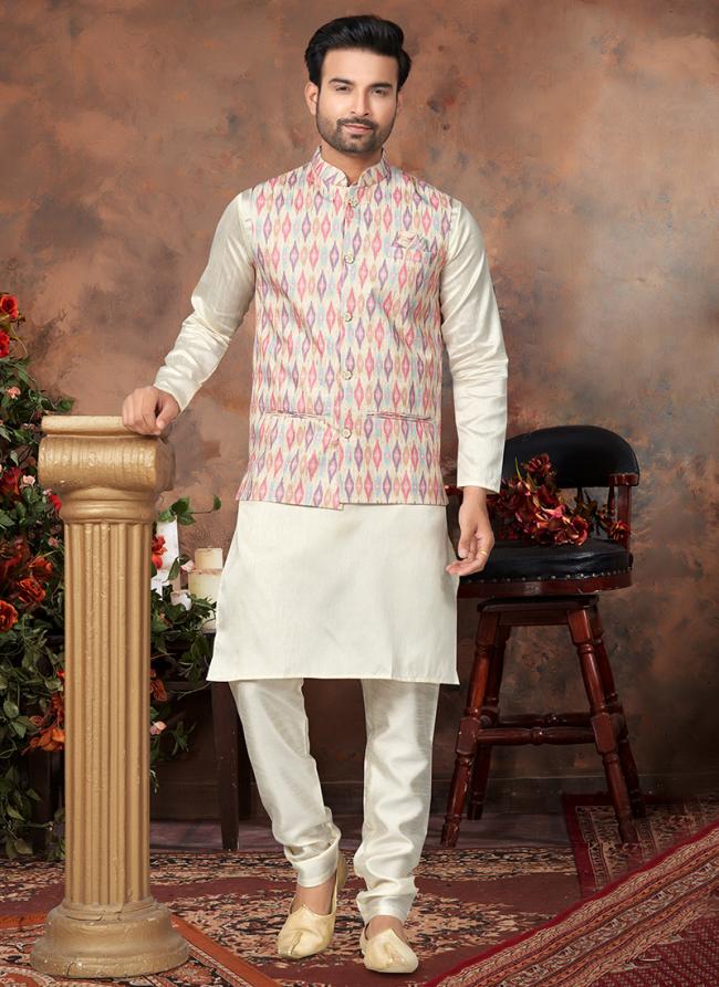 Multi Color Mastani Silk Wedding Wear Sequence Work Readymade Modi Jacket Kurta Pyjama