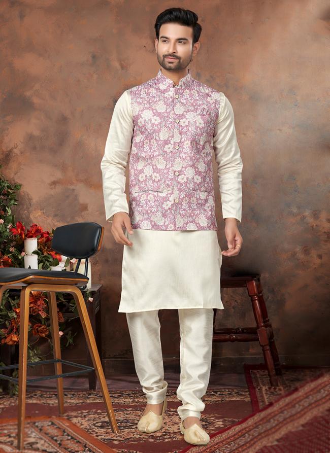 Purple Mastani Silk Wedding Wear Sequence Work Readymade Modi Jacket Kurta Pyjama