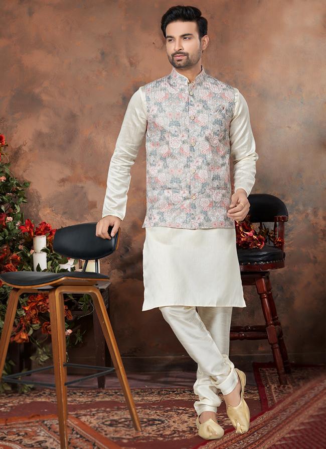 White Mastani Silk Wedding Wear Sequence Work Readymade Modi Jacket Kurta Pyjama