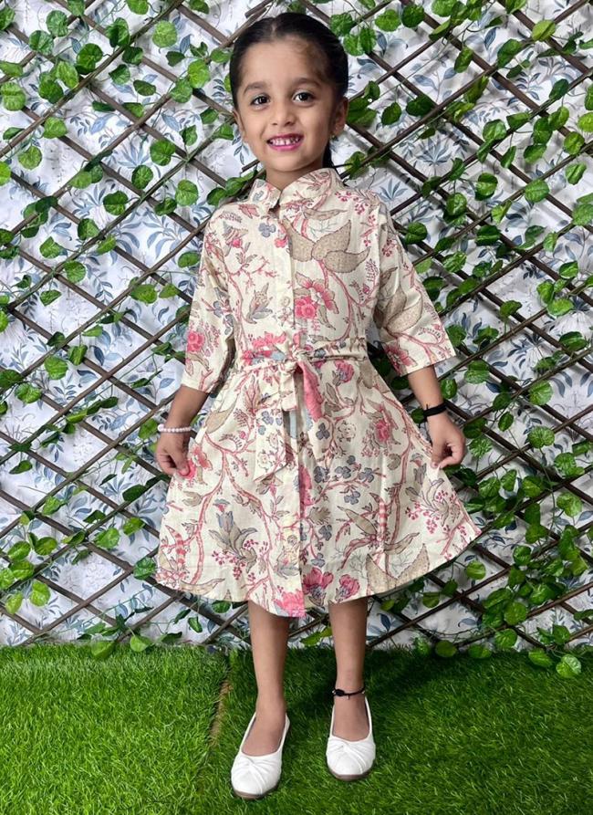 Beige Soft Cotton Party Wear Digital Printed Readymade Kids Wear Frock