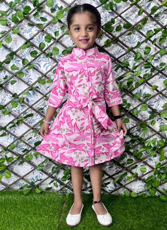 Pink Soft Cotton Party Wear Digital Printed Readymade Kids Wear Frock