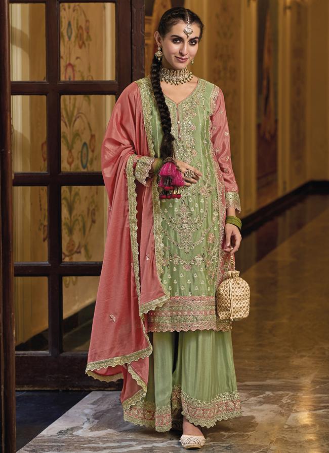 Green Chinnon Festival Wear Embroidery Work Readymade Pakistani Suit