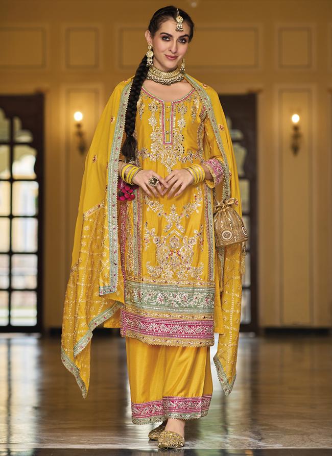 Yellow Chinnon Festival Wear Embroidery Work Readymade Pakistani Suit
