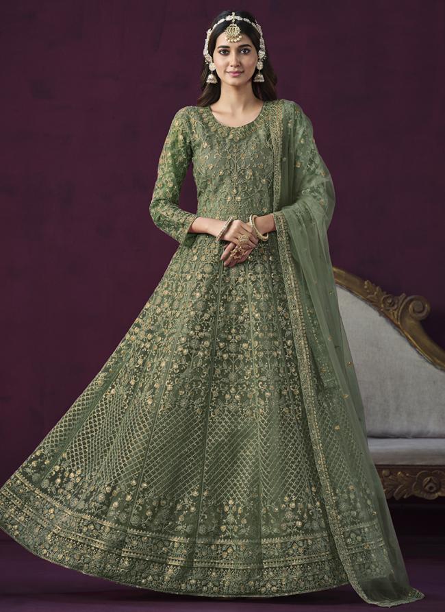 Green Net Wedding Wear Embroidery Work Gown With Dupatta