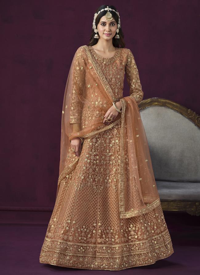 Orange Net Wedding Wear Embroidery Work Gown With Dupatta