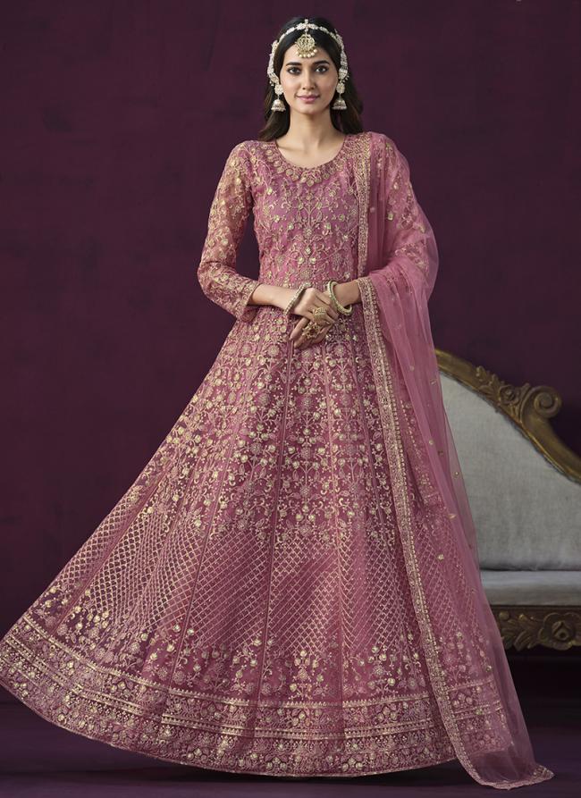 Pink Net Wedding Wear Embroidery Work Gown With Dupatta
