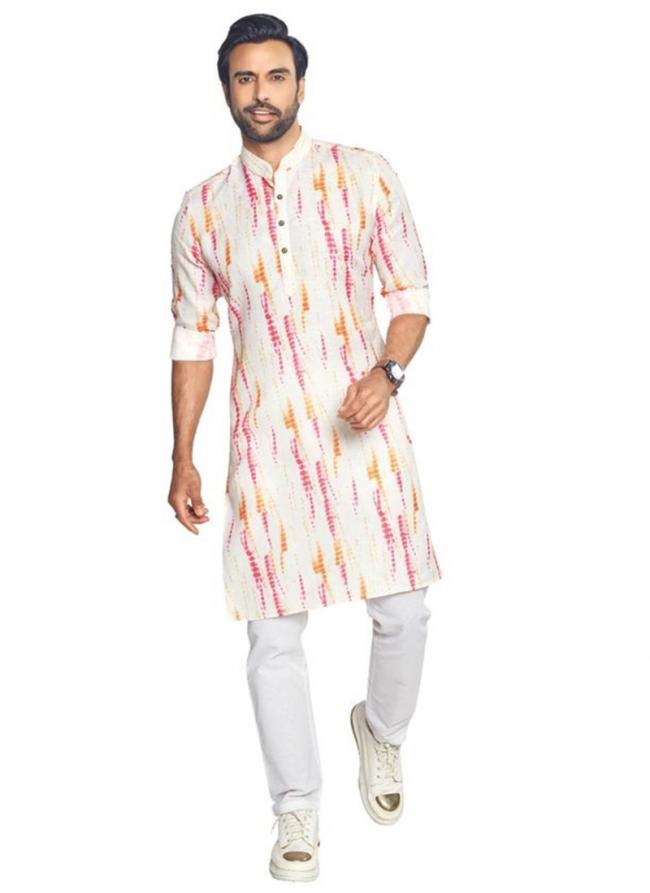 Light Pink Slub Cotton Traditional Wear Digital Printed Readymade Mens Kurta Pyjama