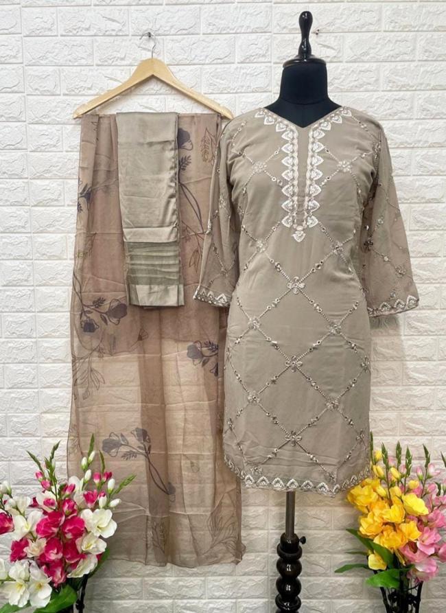 Beige Georgette Traditional Wear Digital Printed Readymade Dress Material