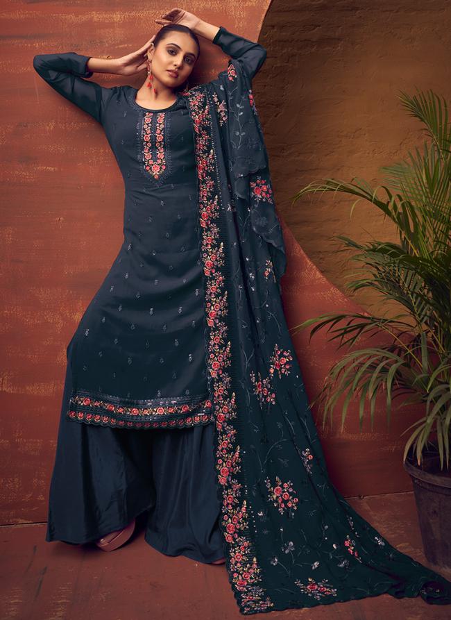 Blue Georgette Party Wear Embroidery Work Plazzo Suit