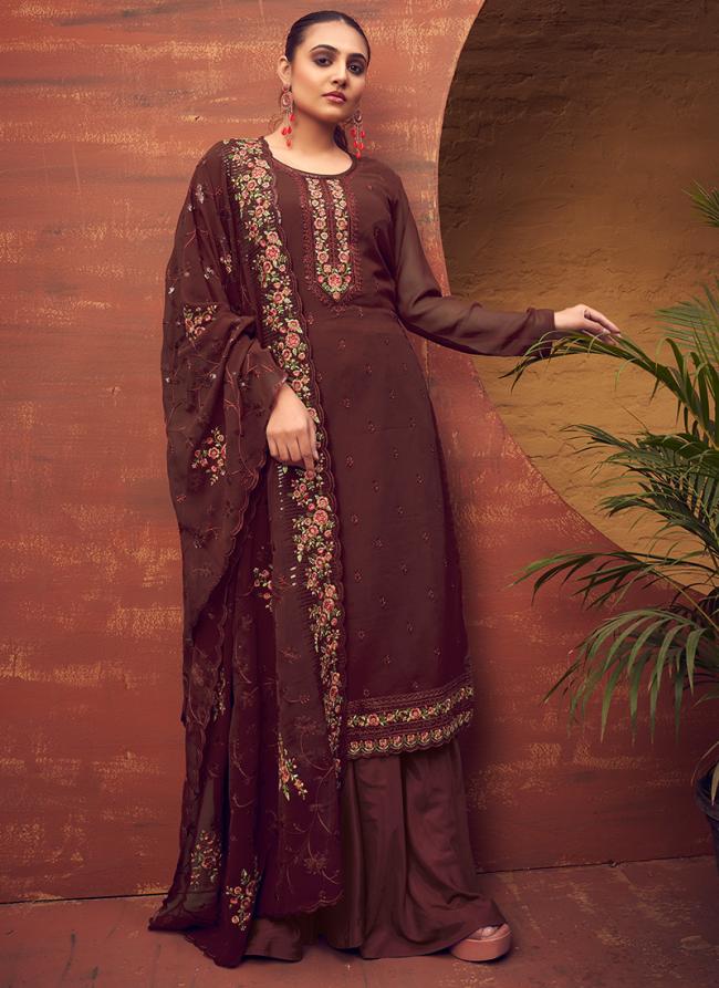 Brown Georgette Party Wear Embroidery Work Plazzo Suit