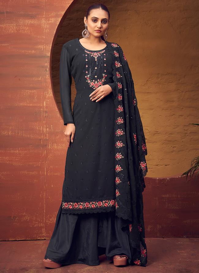Navy Blue Georgette Party Wear Embroidery Work Plazzo Suit
