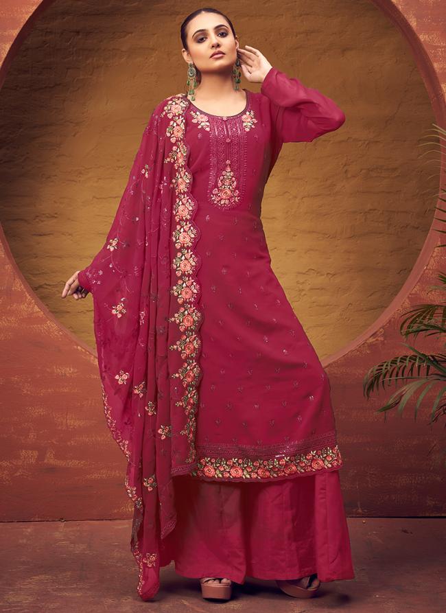 Rani Pink Georgette Party Wear Embroidery Work Plazzo Suit