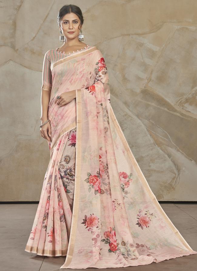 Baby Pink Chanderi Cotton Party Wear Digital Printed Saree
