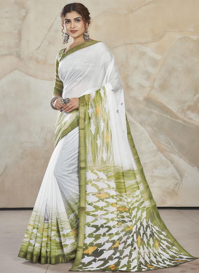 Green Chanderi Cotton Party Wear Digital Printed Saree