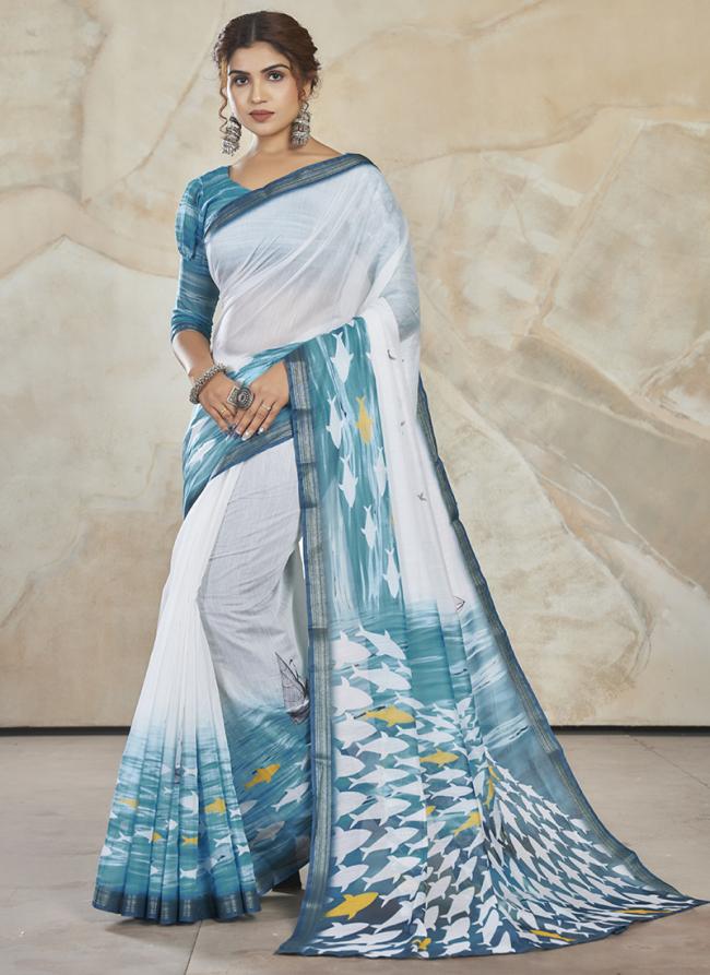 Sky Blue Chanderi Cotton Party Wear Digital Printed Saree