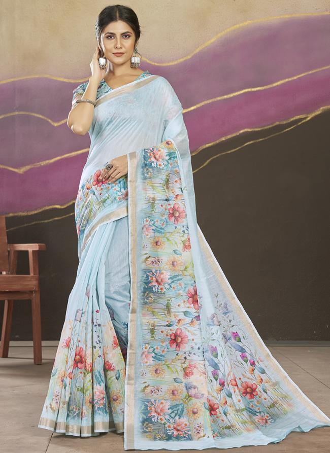 Light Blue Chanderi Cotton Party Wear Digital Printed Saree