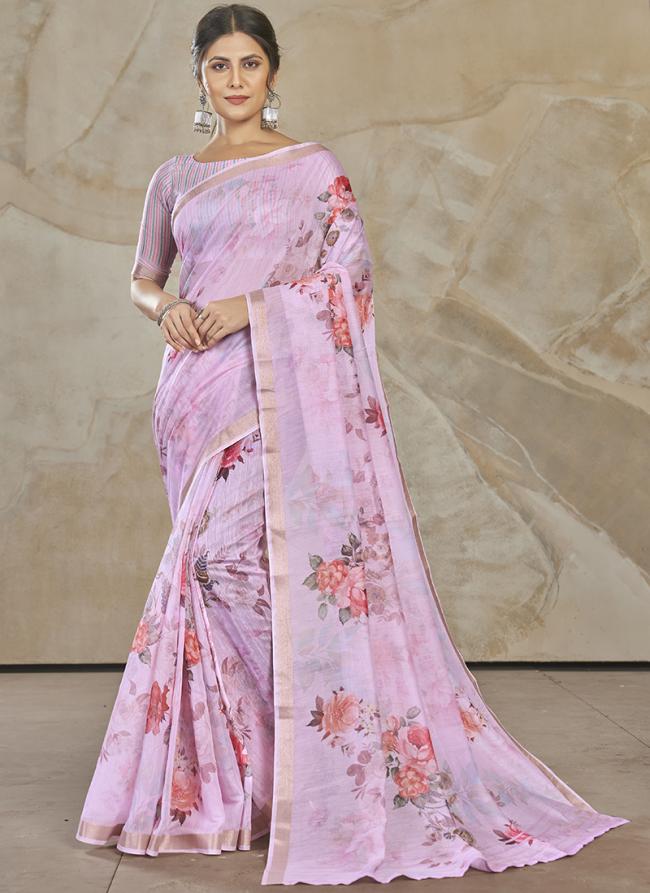 Pink Chanderi Cotton Party Wear Digital Printed Saree