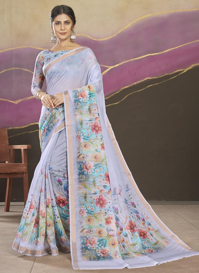 Sea Blue Chanderi Cotton Party Wear Digital Printed Saree