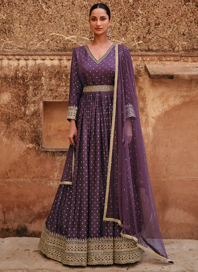Purple Viscose Wedding Wear Embroidery Work Readymade Gown With Dupatta