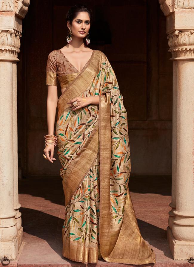 Brown Handloom Silk Festival Wear Digital Printed Saree