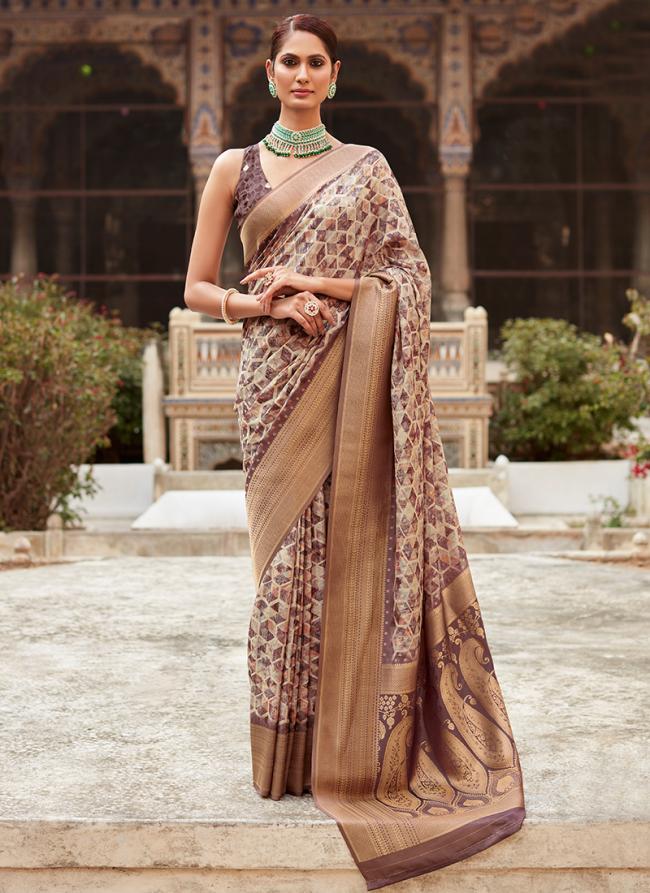 Brown Crape Silk Wedding Wear Digital Printed Saree