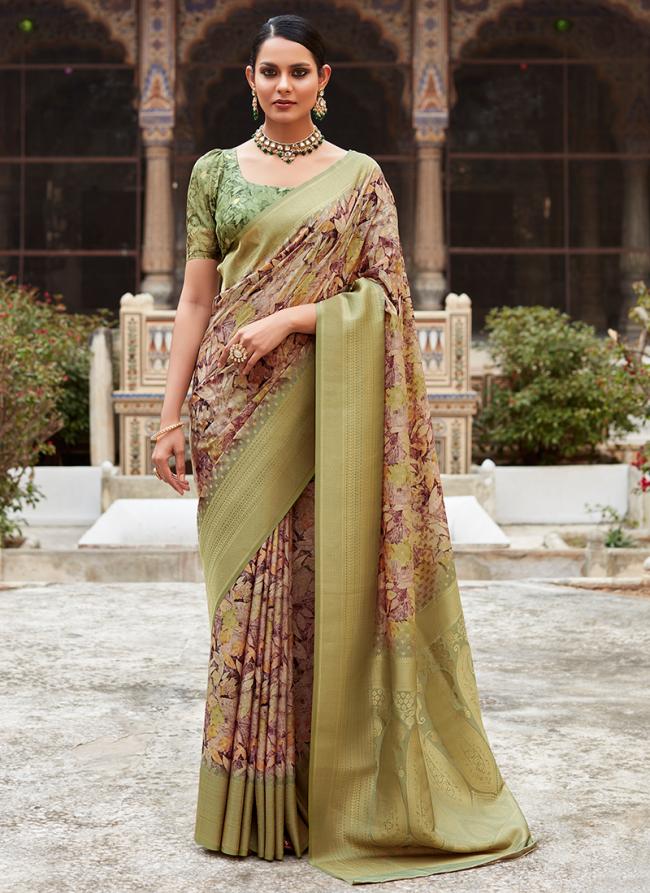 Green Crape Silk Wedding Wear Digital Printed Saree