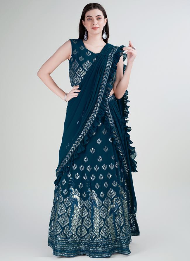 Rama Blue Georgette Party Wear Embroidery Work Readymade Lehenga Sarees