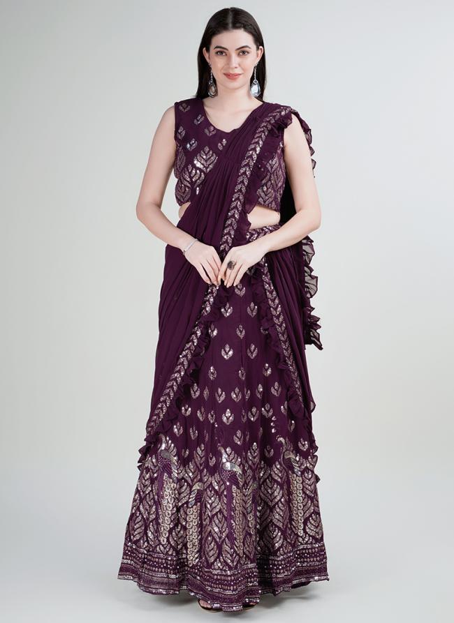 Wine Georgette Party Wear Embroidery Work Readymade Lehenga Sarees