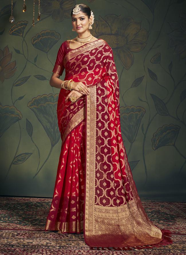 Red Georgette Wedding Wear Weaving Saree