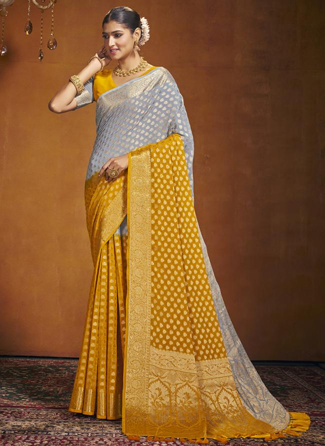 Yellow Georgette Wedding Wear Weaving Saree