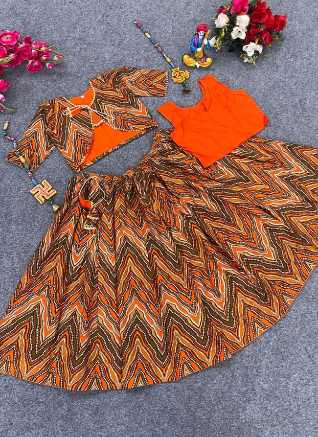 Orange Rayon Wedding Wear foil Print Readymade Kids Lehenga With Koti
