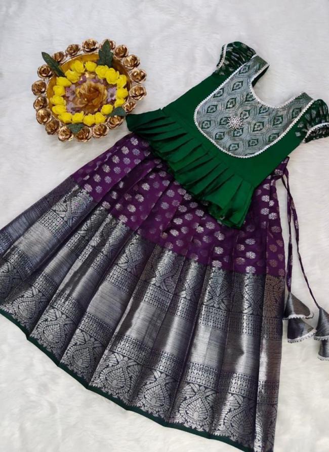 Green Wine Silk Banarasi Wedding Wear Kanchi Border Work Readymade Kids Lehenga Choli